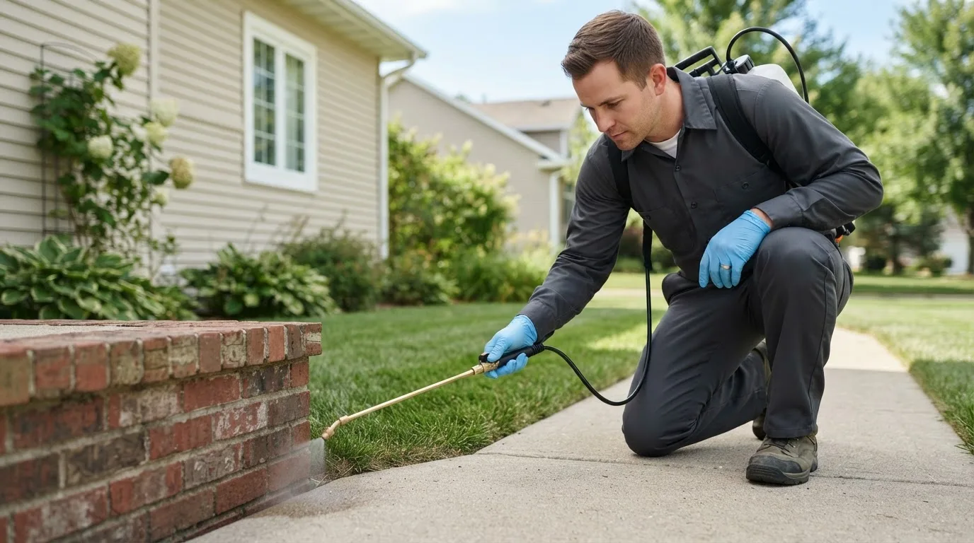Pest control technician treating a home near Bolivar, OH