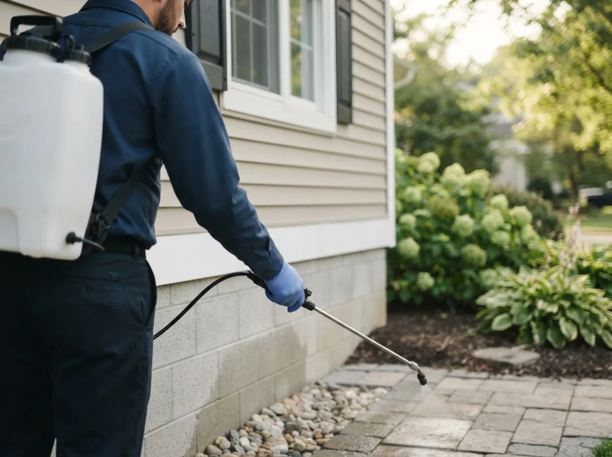 Pest control technician inspecting a home in Bolivar, OH
